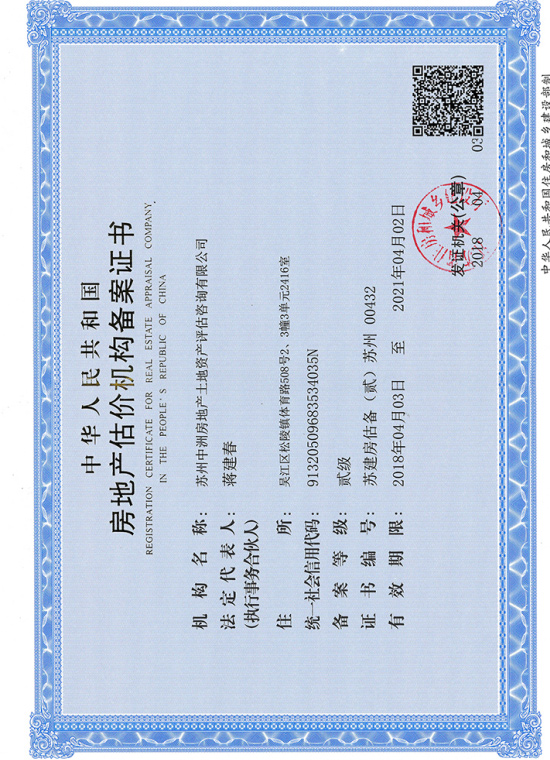 房地产估价机构备案证书
